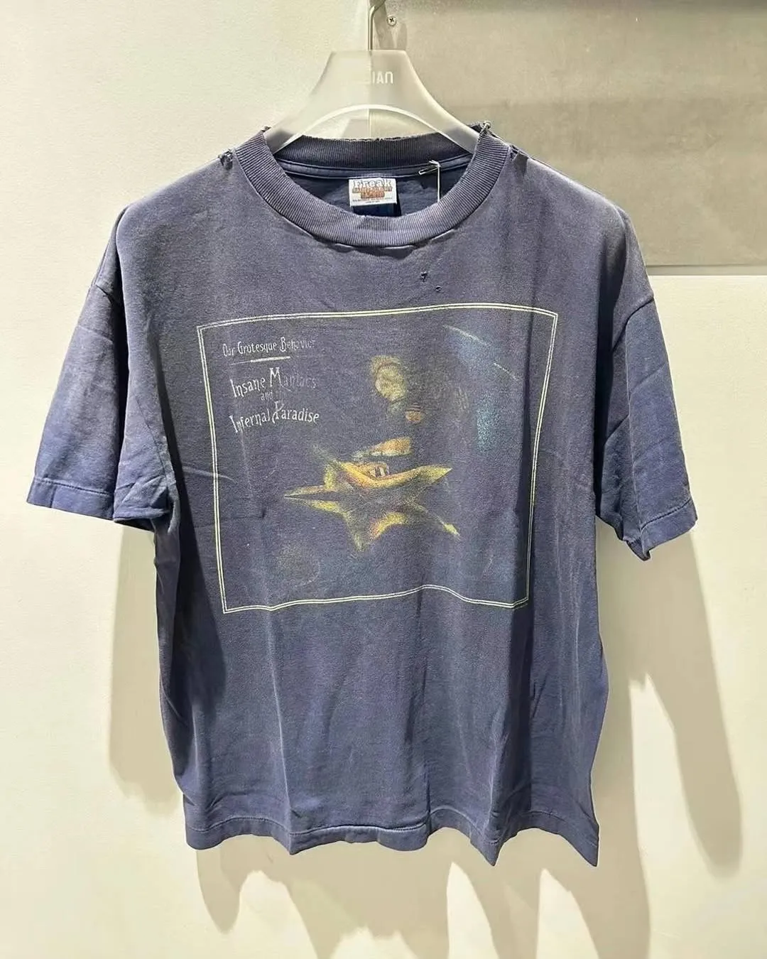 CACTUS PLANT FLEA MARKET x SAINT Mxxxxxx STAR SS TEE/NAVY New CPFM star smiley holed distressed short sleeves Washed blue S-XL Genuine consistent tube weaving without side seams High weight OE yarn fabric Assute dyeing Multiple horse fades Heavy wash water Worn holes Customized joint main mark/wash mark/little angel anti-counterfeiting label